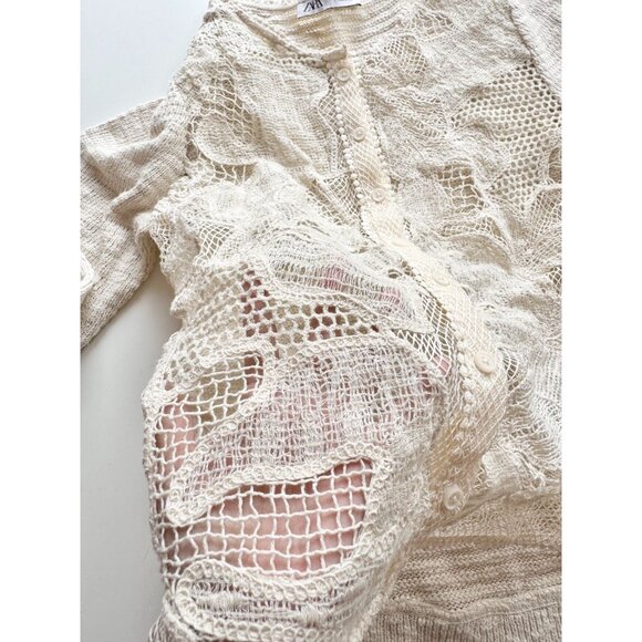 ZARA Ecru Ivory Contrast Cotton Blend Lace Knit Cardigan Sweater, Size XL - Picture 10 of 16